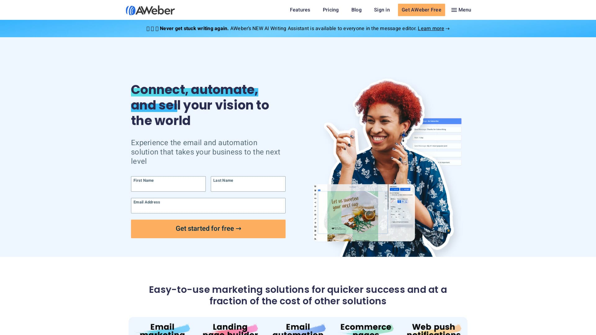 Screenshot of aweber website