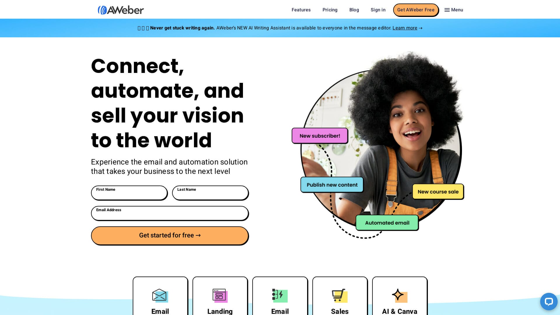 Screenshot of aweber website