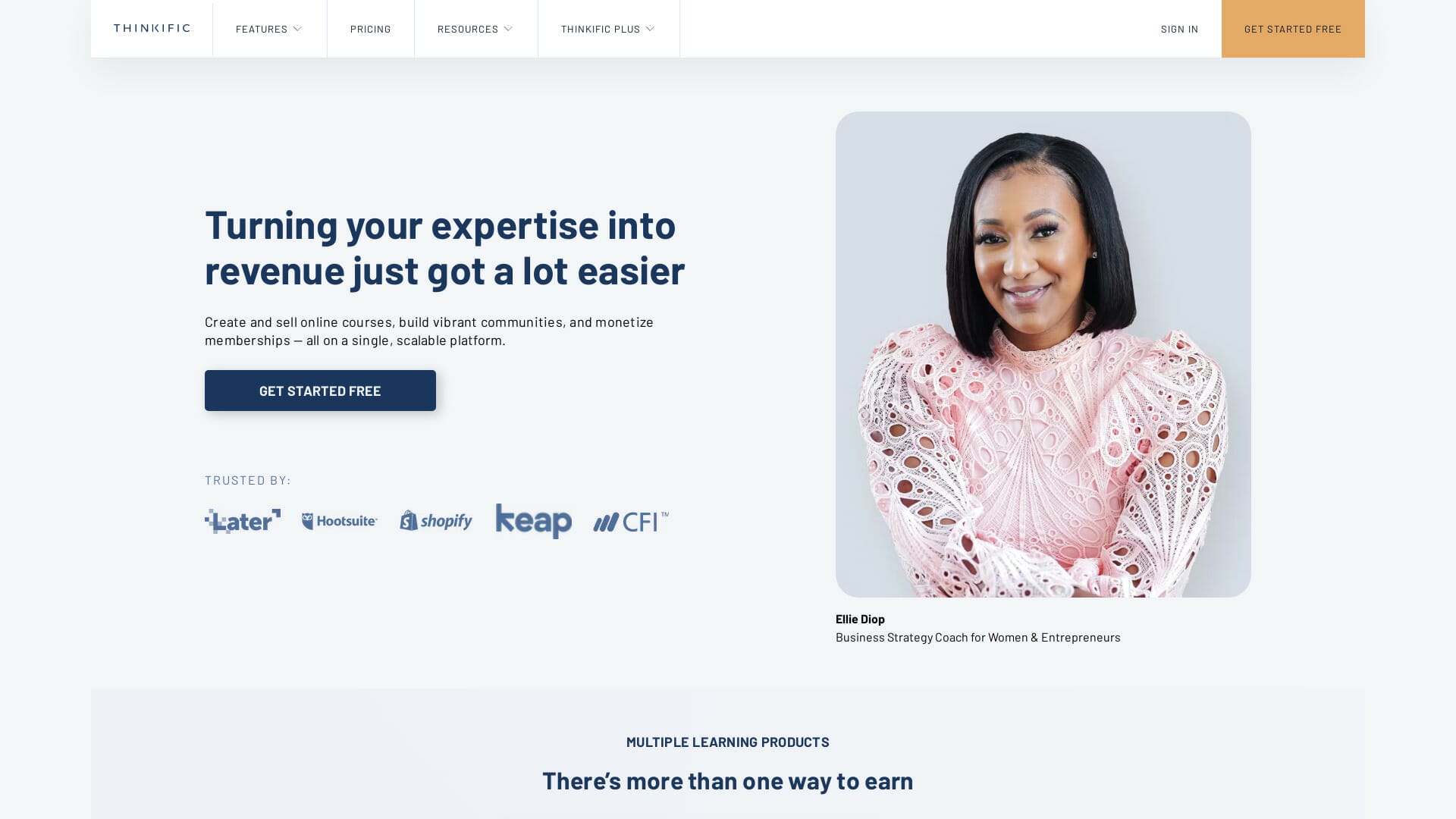 Screenshot of thinkific website