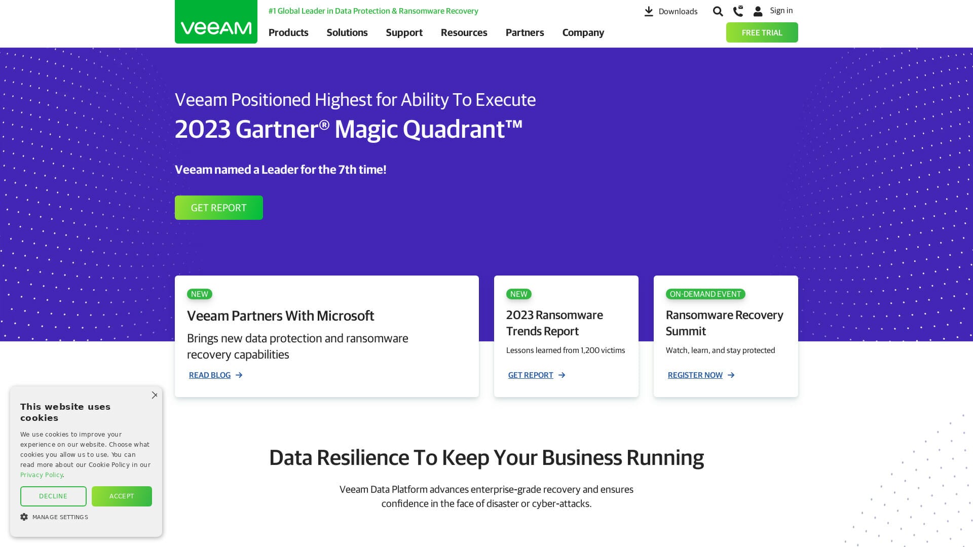Screenshot of veeam website