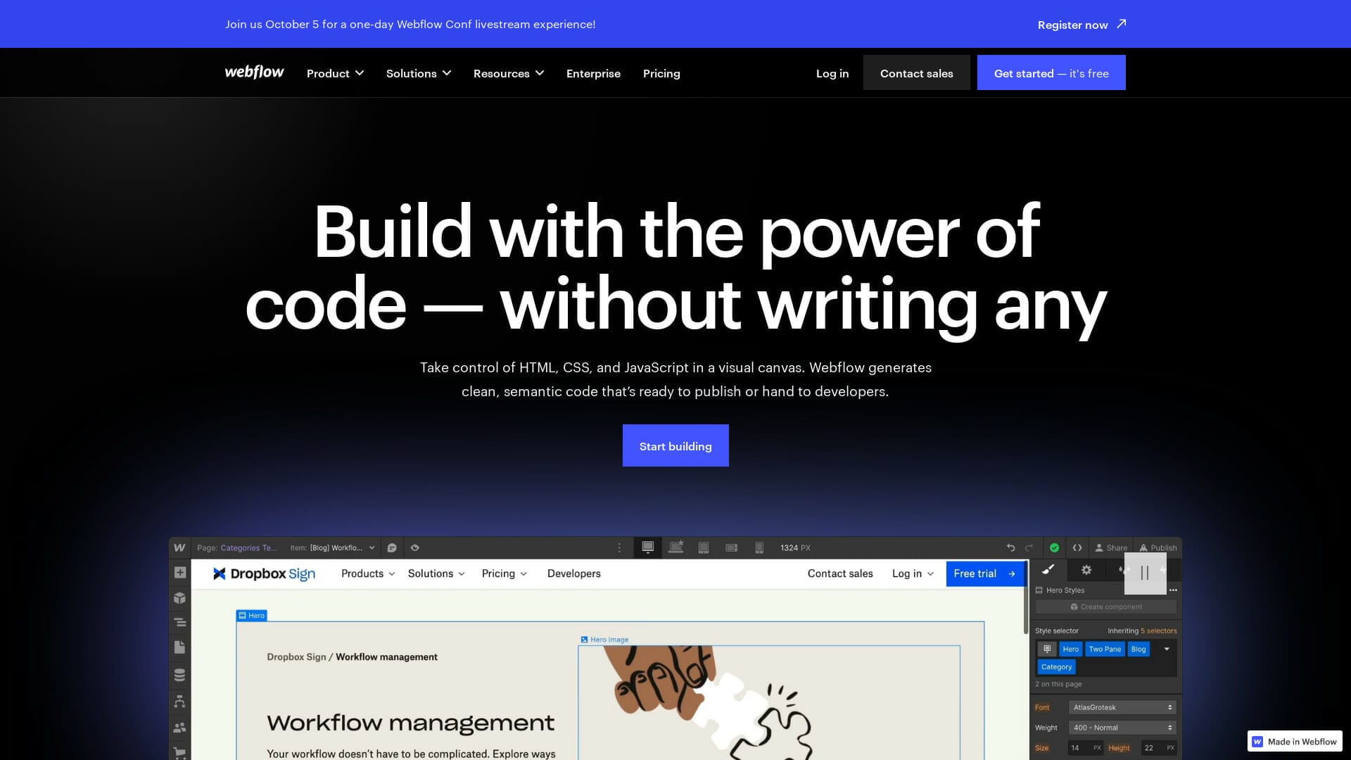 Screenshot of webflow website