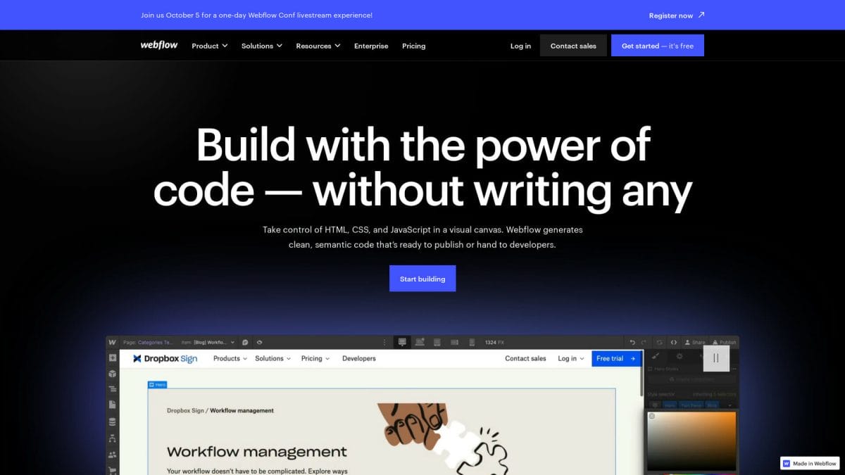 Screenshot of webflow website