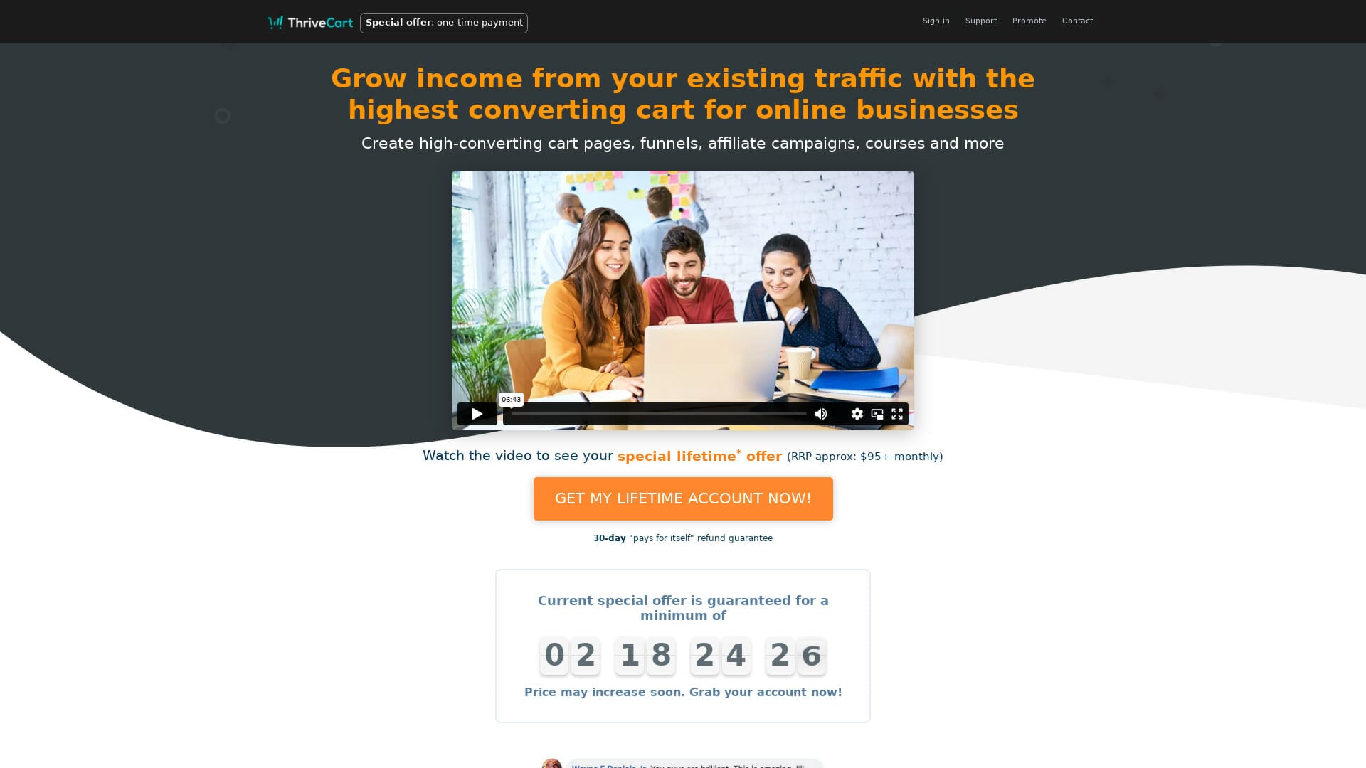 Screenshot of thrivecart website